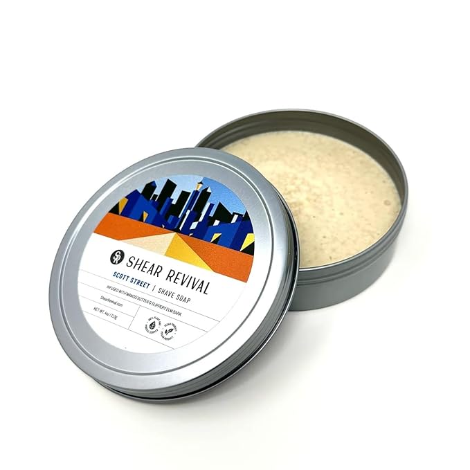 Shear Revival Scott Street Shave Soap for Men and Women - Smooth Shave, Moisturizes + Protects, Rich Lather, Reduces Redness, 4oz (Bay + Lime)