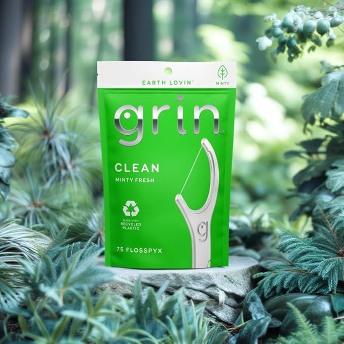 GRIN Clean Flosspyx, Floss Picks, 75 Count, Dental Flossers, Minty Flavor, Recycled Plastic, Super Strong Fine Floss, Tight Teeth, Premium Longer Floss Head, Includes Safe Fold-Back Tooth Pick