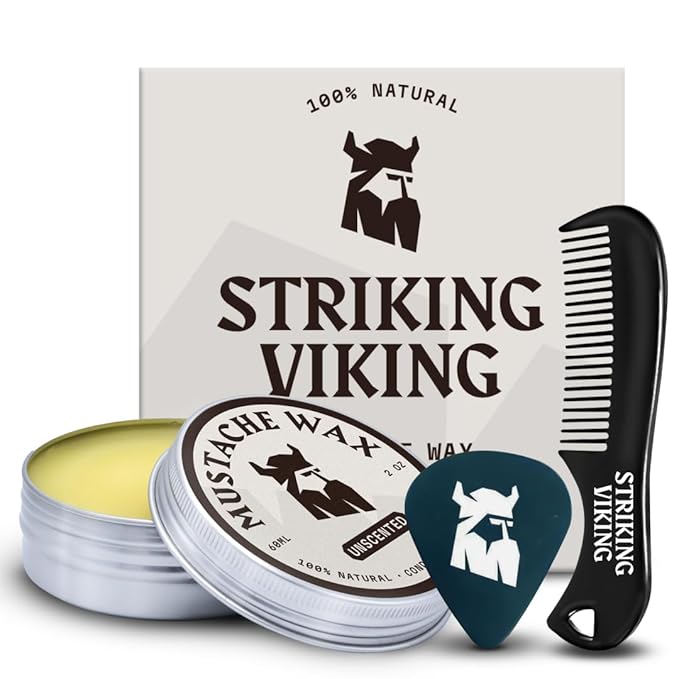 Striking Viking Mustache Wax Kit with Comb - 2 oz, Unscented, Strong Hold - Unscented Mustache Wax for Men & Anti-Static Comb for Precise Grooming - Non-Greasy Formula for Easy Beard Care