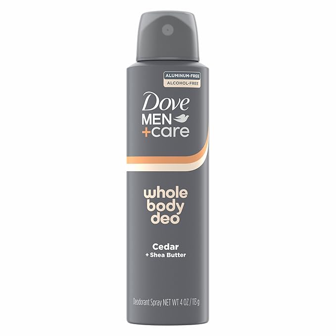 DOVE MEN + CARE Whole Body Deo Aluminum Free Deodorant Spray Cedar + Shea Butter Suitable from Pits, Privates, to Feet with Vitamin E 4 oz