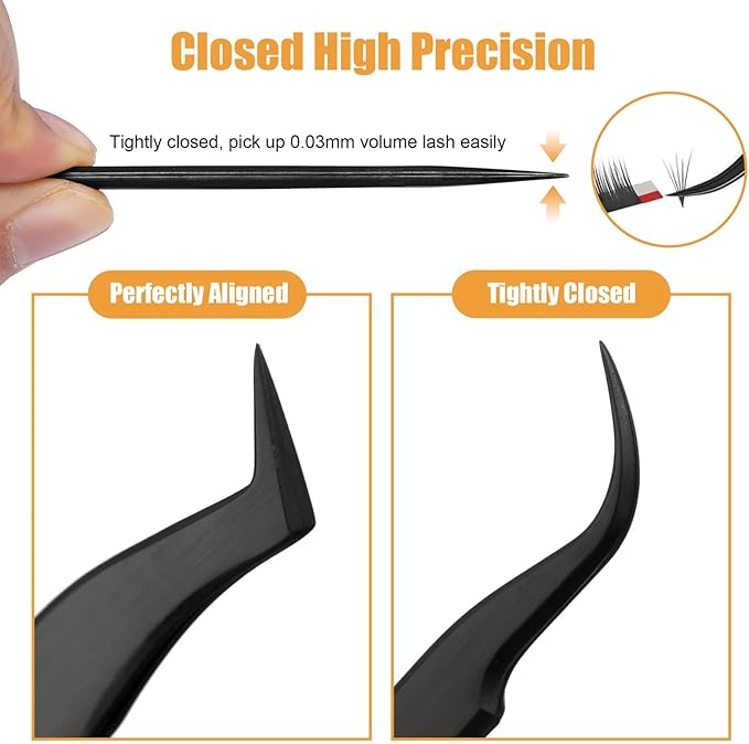 Lash Tweezers Set for Eyelash Extension, Eyelash Tweezers for Classic Individual and Volume Lash Extensions, Complete with Storage Case (Black, 3PCS Set)
