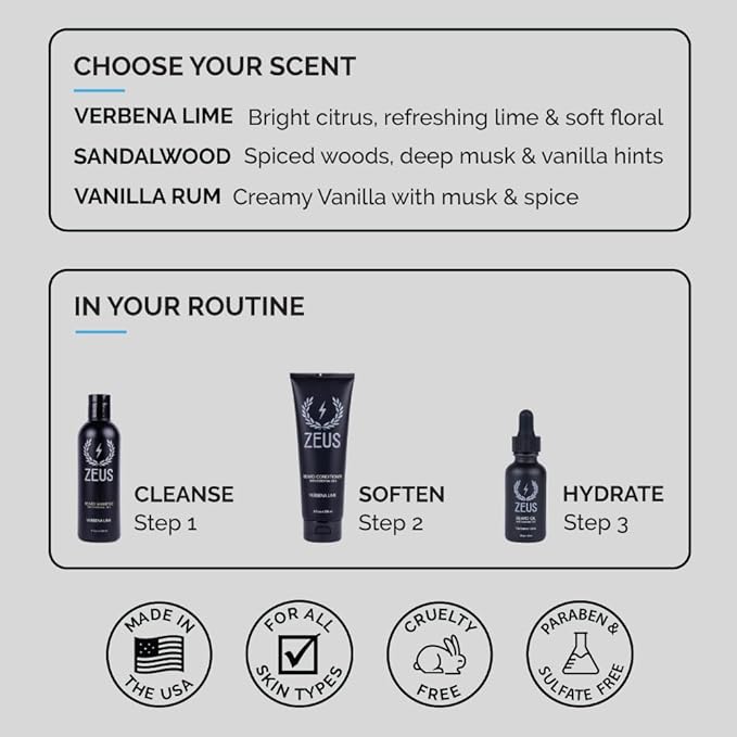 ZEUS Beard Wash Set for Men, Shampoo & Conditioner Duo with Green Tea & Essential Oils, Hydrates, Softens & Strengthens Beard Hair (Made in USA) Verbena Lime