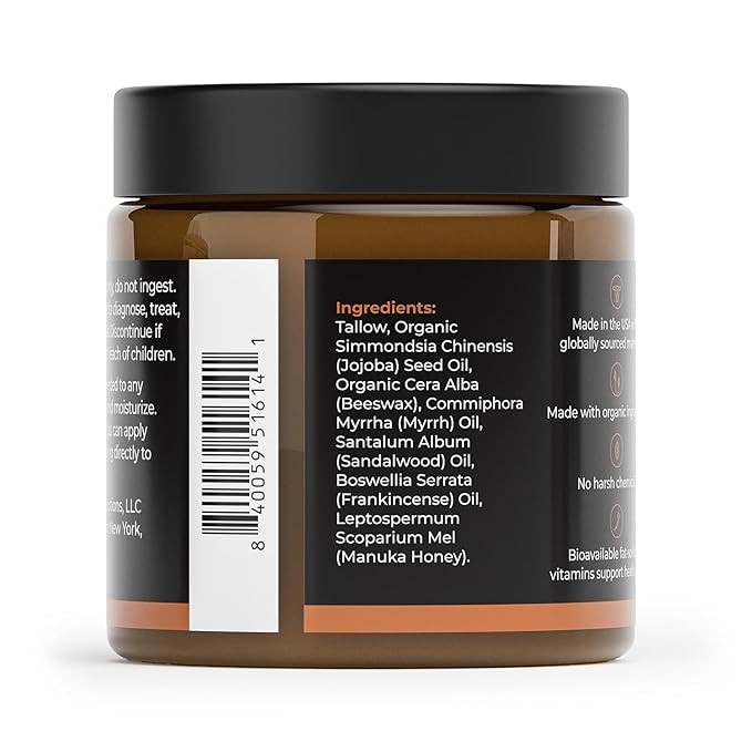 Healing Solutions - Whipped Tallow Balm, Frankincense, Myrrh & Sandalwood Scent, Grass Fed/Grass Finished Beef Tallow w/Organic Jojoba & Manuka Honey for Skin, Face & Body, All Natural Moisturizer