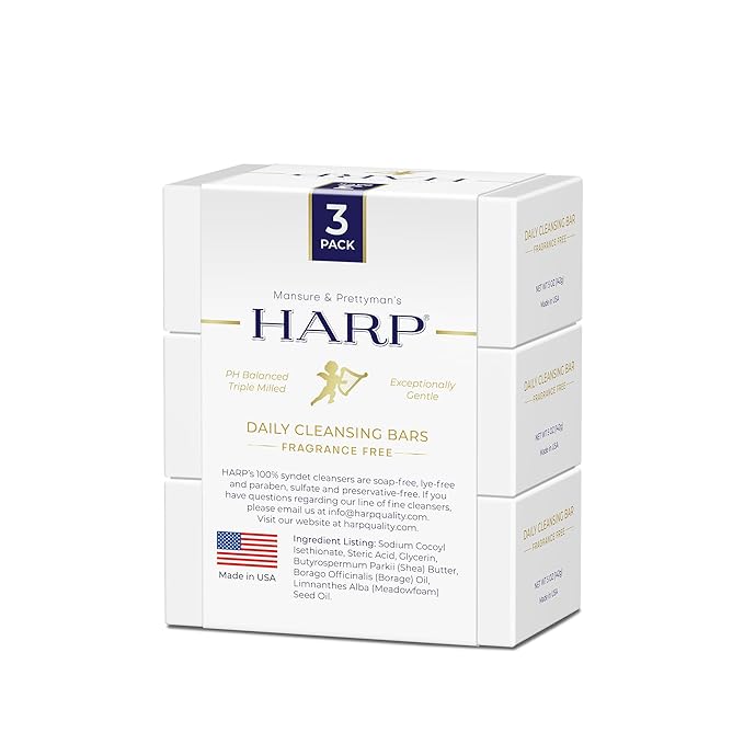 HARP pH-Balanced (5.0-6.0) Body Wash Bar. 100% Syndet. Protects Moisture Barrier For Sensitive, Dry or Irritated skin. + Shea Butter/Borage Oil. Non-Comedogenic. FRAGRANCE FREE