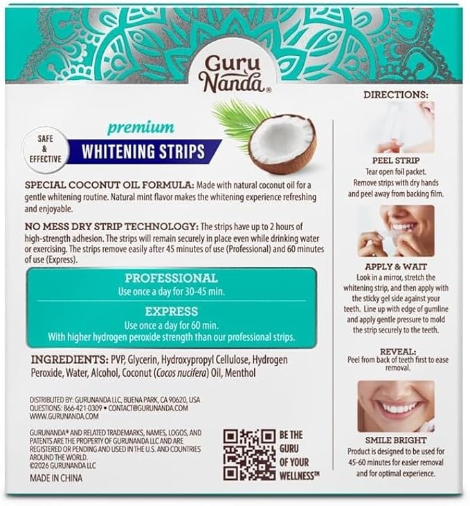 GuruNanda Teeth Whitening Strips - 30-Day Treatment with Non-Slip, Dry Strip Technology - Whitening Designed with Care for a Brighter Smile
