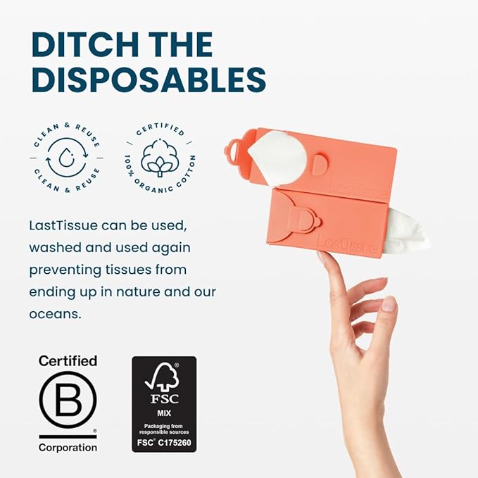 LastTissue® Reusable Cotton Tissue Pack | Face Towels & Handkerchiefs for Men & Women – Washable, Sustainable Facial Tissue with Storage Case - Peach
