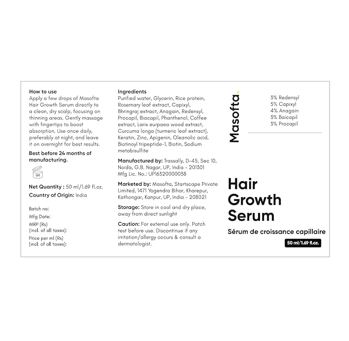 Hair Growth Serum For Promoting Hair Growth & Controlling Hair Fall With 3% Redensyl, 5% Capixyl, 4% Anagain, 3% Procapil & Rosemary & Biotin, For Both Men & Women, 50 ml (Pack of 1) White