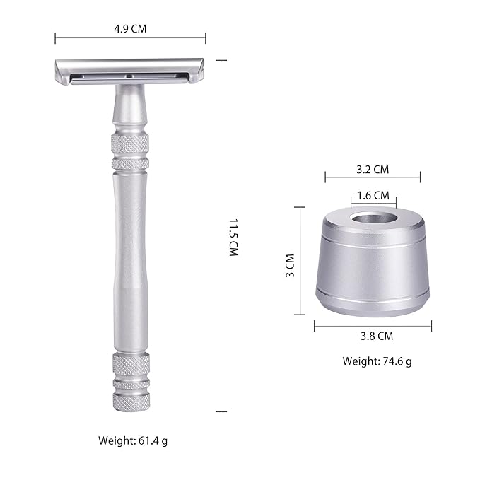 Men's and Women's Manual Razor Safety Razor with 10 Double Edge Blades, Double Edge Razor, Eco-Friendly, Smooth Close Shave, Plastic-Free, Easy to Carry for Traveling at Home (Silver + Base)