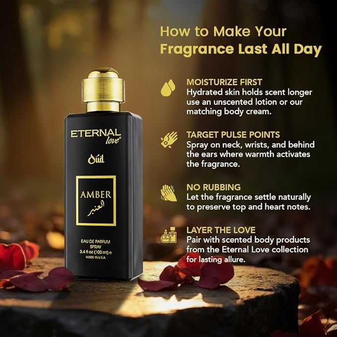 Eternal Love Amber Oud - Long Lasting Unisex Eau de Parfum - Warm Woody Oriental Fragrance with Oud & Amber - Dubai Inspired Arabic Scent - 3.4oz