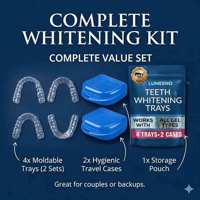 Lumeeno Moldable Teeth Whitening Trays for Gel Compatible with Opalescence and All Gels - 4 Trays & 2 Storage Cases Thin, Trimmable, BPA-Free