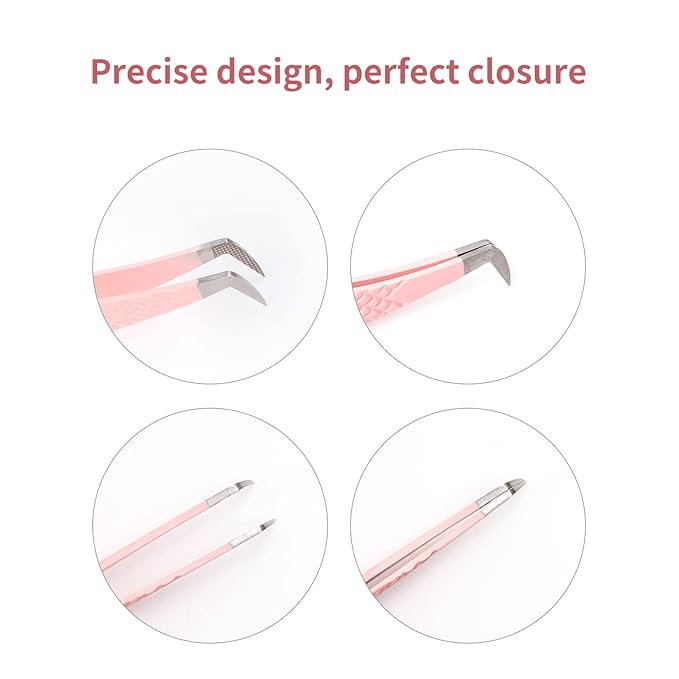 Lash Tweezers for Eyelash Extensions - Professional Artist Tech Work Kit Tools With Fiber Tip for Light or Mega Volume Fans - Curved Tweezers