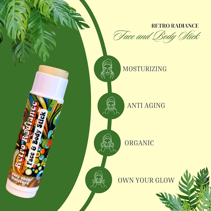 Retro Radiance Pure Skin Moisture Face and Body Stick,All Natural Organic Skincare,anti ageing,jojoba,coconut,coccoa butter,vegan,fragrance free,lips,tattoo,hands,heels,made in USA