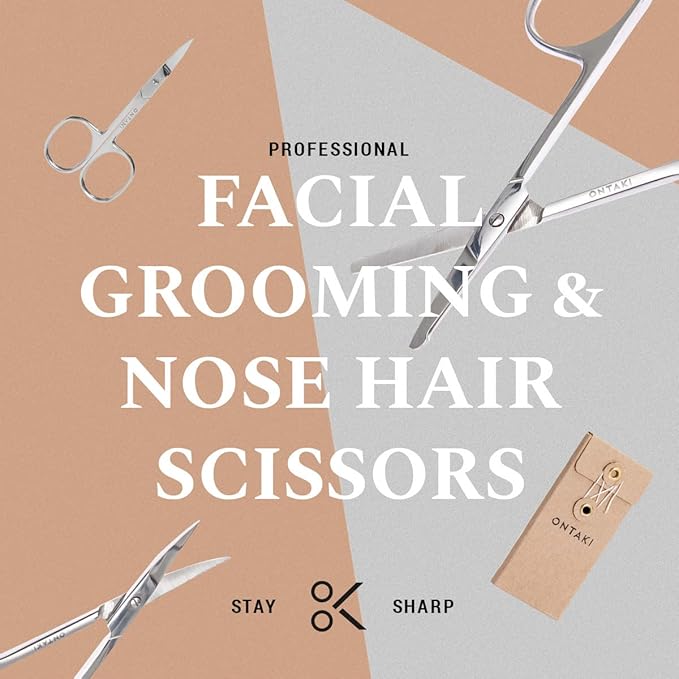 Ontaki Curved & Rounded Men's Facial Hair Scissors - Silver Ambidextrous - Beard, Nose & Eyebrow Grooming with Professional Beard, Nose Hair & Eyebrow Scissors for Men