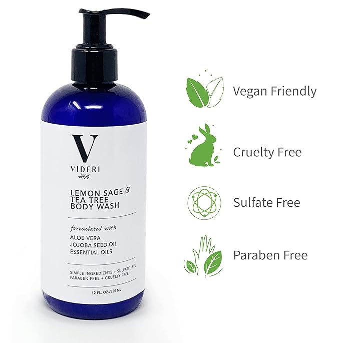 Sulfate Free Body Wash for Sensitive Skin Lemon Sage & Tea Tree Body Wash - Essential Oils, Aloe Vera & Jojoba - Antioxidant Rich, Gentle on Skin & Fresh Citrus Scent - Large 12 fl oz