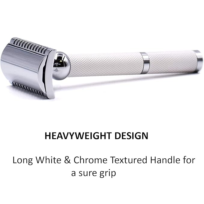 Parker Open Comb Double Edge Safety Razor – Heavyweight Chrome Handle for Closer Shaves – Includes 5 Razor Blades – Ideal for Men or Woman (Bright White)