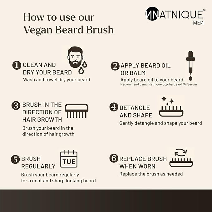 Natnique Vegan Beard Brush for Men, 100% Sisal Plant Bristles, Ergonomic Design with Natural Beachwood Handle - Men's Beard & Mustache Brush – 100% Natural, Non-Synthetic, Cruelty Free