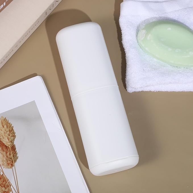 White Travel Toothbrush Case with Cup, Travel Toothbrush Holder Portable Compact Toothpaste Cover Container Toothbrushs Holder with Mouthwash Cup Detachable Bottom Holders for Traveling School Home
