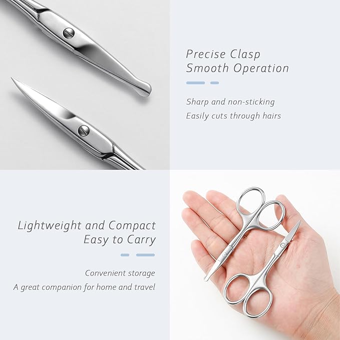 2 Pack Facial Hair Grooming Scissors for Men Women, Eyebrow, Nose Hair, Mustache, Beard, Eyelashes, Ear Trimming Kit - Curved and Rounded Safety Tip Clippers - Silver