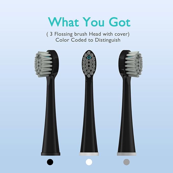 Replacement Brush Heads for Waterpik Sonic Fusion 2.0 - Flossing Toothbrush Head for Water pik with Color-Coded Rings & Hygienic Caps - 3 Pack Black Soft Bristles - Compact Size