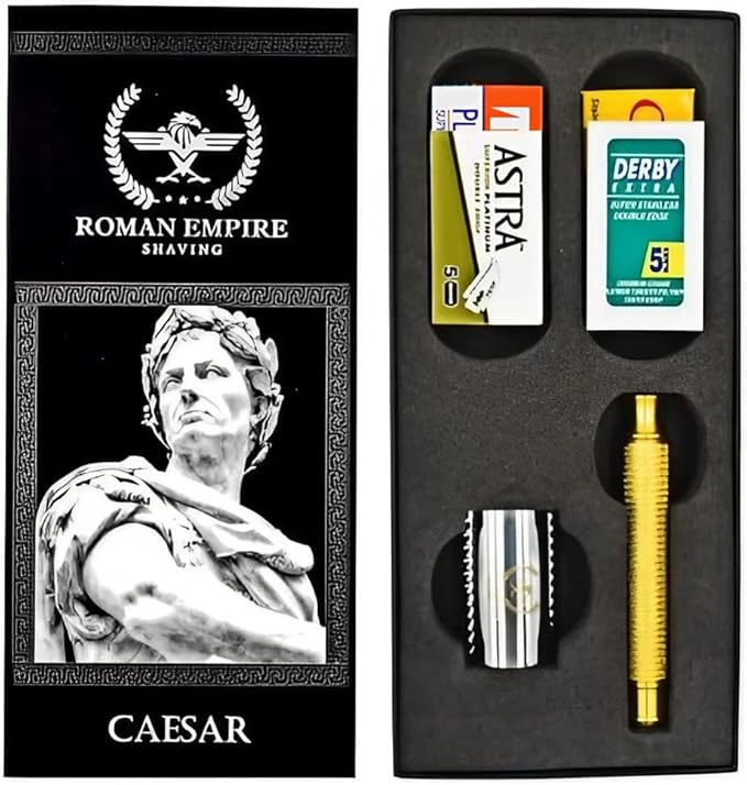 Caesar Gold Safety Razor by Roman Empire Shaving with Set of 20 Shaving Blades (Astra-Derby-Shark-Treet)