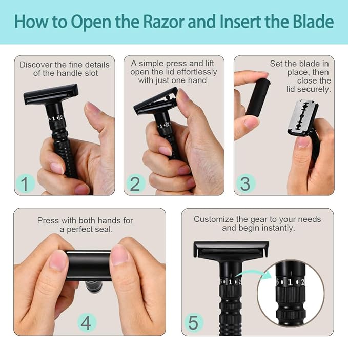 6-speed adjustable dual-blade safety razor with 10 platinum-coated stainless steel blades. Includes optional stand. Comes with complimentary travel pouch. (Silver + base + holster)