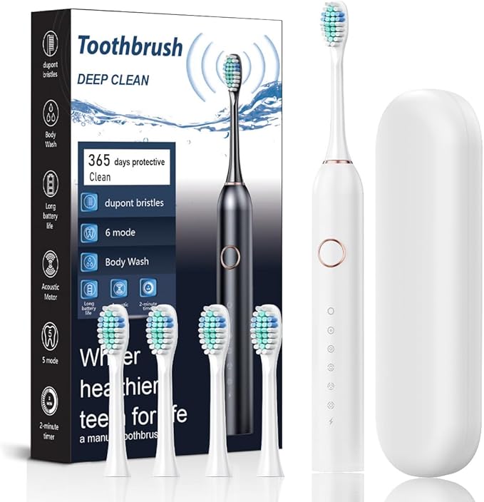 Electric Toothbrush for Adults Soft Bristled Household Toothbrushes 6 Modes, 4 Brush Heads, 2 Min Timer, IPX7 Waterproof, USB Rechargeable with Travel Case, Deep Clean for Sensitive Gums (White)