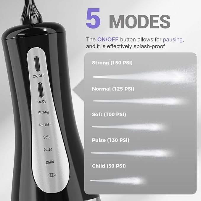 350ML Water Dental Flosser Teeth Pick with Stand Convenient Storage, 5 Modes Portable Cordless Oral Irrigator, Electric Rechargeable IPX7 Waterproof for Home Travel Teeth Cleaning(Black)