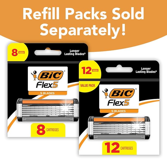 BIC Flex 5 Men's Refillable 5 Blade Razors, Long-Lasting and Comfortable Shave, 1 Handle and 7 Cartridges
