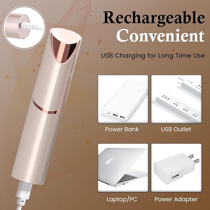 Eyebrow & Facial Trimmer: 2 in1 Rechargeable Facial Hair Removal & Eyebrow Shaver - Body Razor with Built-in LED Light (Rose Gold)