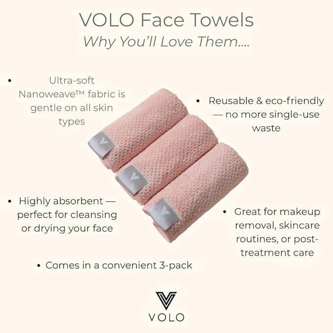VOLO Hero Face Towel | Reusable Facial Wash Cloths | Makeup Remover & Post Shower| Ultra Soft, Absorbent, Gentle, Fast Drying Nanoweave Fabric Face Towels | Microfiber 3PK (Vinyl Black - Tote)