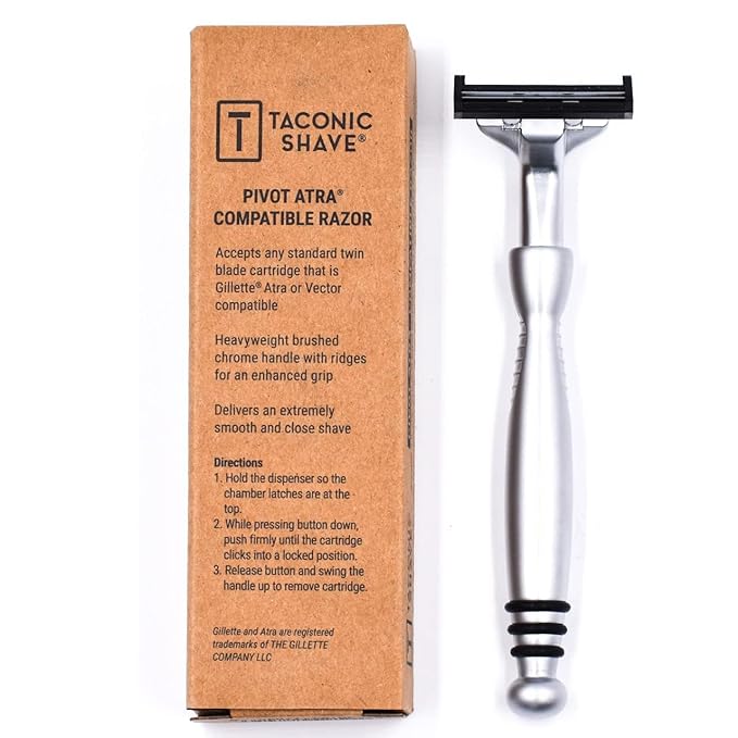Taconic All‑Metal Heavyweight Chrome Razor – Gillette® Atra-Compatible Twin Blade Handle with 10 Pivot Plus Personna Blades, Ergonomic Grip, Durable Design