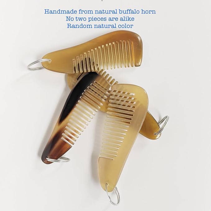 Buffalo Horn Beard Comb with Keyring, Handmade Natural Horn, Portable Anti-Static Grooming Tool for Men