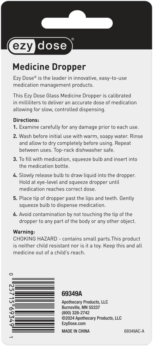 EZY DOSE Kids Straight-Tip Ear and Eye Medicine Dropper For Liquid & Medicine, 1mL Capacity Calibrated Glass, Rubber Bulb, Deliver Correct Dose, Clear, BPA Free