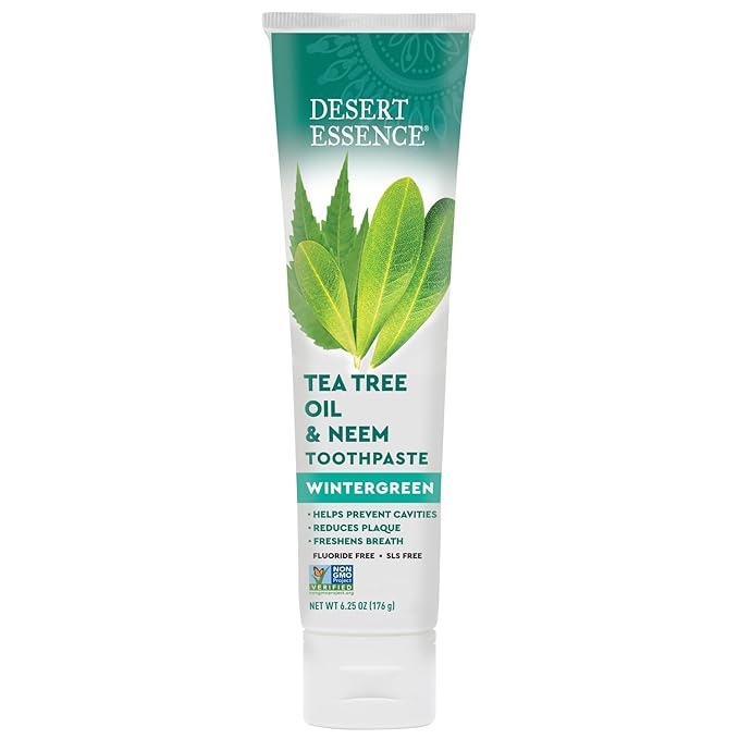 Desert Essence Tea Tree Oil & Neem Toothpaste - Fluoride-Free, Gluten-Free, SLS Free Formula - Vegan, Herbal Toothpaste for Plaque Reduction - Wintergreen Flavor, 6.25 oz