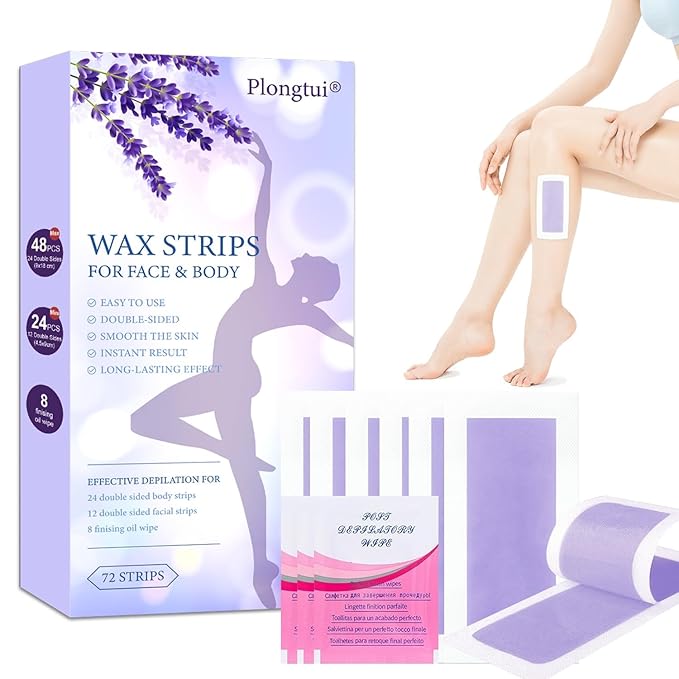 72PCS At Home Wax Strips for Hair Removal, 48 Body + 24 Face Wax Strips with 8 Calming Oil Wipes, Hypoallergenic for All Skin Types, Waxing Kit for Women & Men - Legs, Arms, Bikini, Brazilian, Back