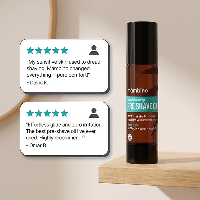 Mambino Organics Tea Tree Pre-Shave Oil, Natural Shaving Oil with Tea Tree & Jojoba Oil, Moisturizing Shave Oil for Smooth Shaving, Vegan Grooming Essential for Sensitive Skin, 2 oz