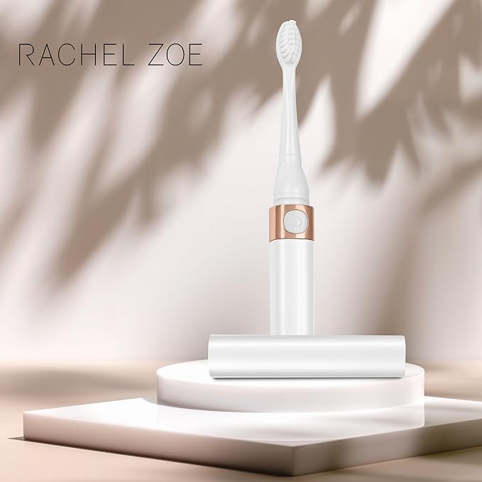Rachel Zoe Portable Electric Toothbrush for Adults, Battery Operated Compact Sonic Tooth Brush for Trips, Waterproof Travel Toothbrush with Cover, 2 Removable Brush Heads Included, Pink/Rose/Gold