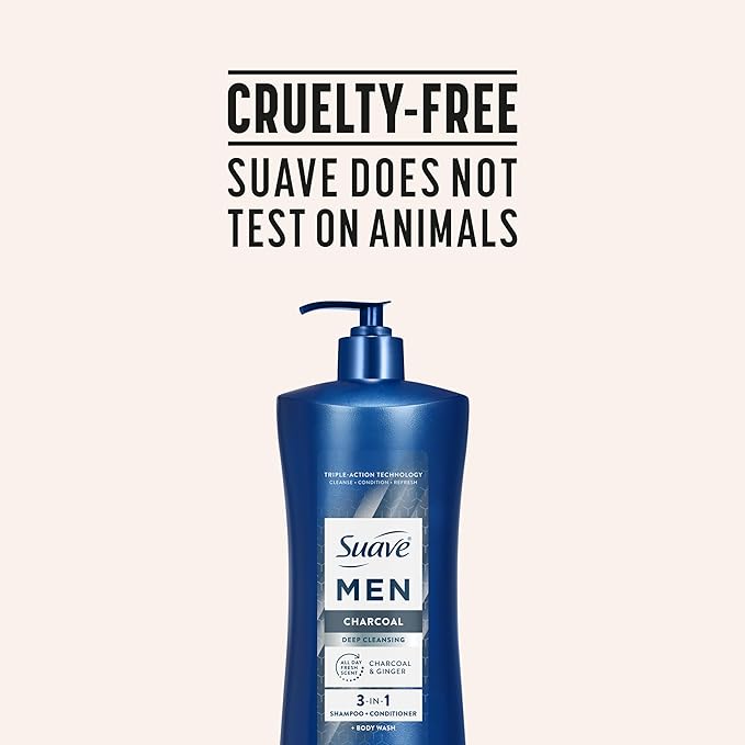 Suave Men Deep Cleansing 3 in 1 Shampoo, Conditioner & Body Wash with Charcoal Powder, Detoxifies & Cleanses Hair & Skin, Removes Oil & Impurities, 4 Count, 28 FL OZ Pump