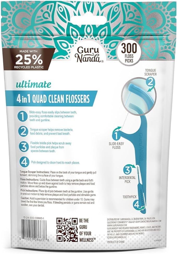 GuruNanda Quad Clean Floss Picks 4-in-1 with Tongue Scraper, Interdental Pik & Toothpick, Non-Shred Dyneema Thread, with Xylitol & Baking Soda, 300 ct (Pack of 2)