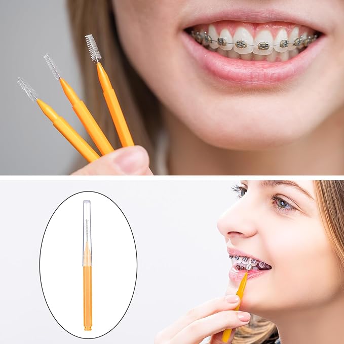 Patelai 100 Pieces Braces Brush for Cleaner Interdental Brush Toothpick Dental Tooth Flossing Head Oral Dental Hygiene Flosser Toothpick Cleaners Tooth Tool(Orange,Ideal Size)
