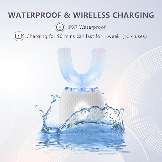 Smart U-Shaped Ultrasonic Toothbrush for Adults: 360° Full Mouth Cleaning with Auto Rotation, Smart Pressure Sensor & LED Light, Includes Foam Mousse, 4 Brush Heads and Charging Base (white)