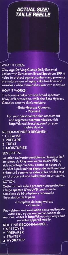 Olay Face Moisturizer, Age Defying Classic Daily Renewal Lotion,With Sunscreen,Classic,4 oz,(Pack of 2)