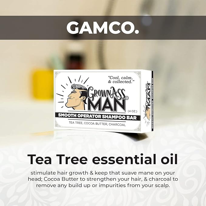 Grown Ass Man Co. - Solid Shampoo Bar Rich Lather 3 in 1: Hair, Beard & Body Wash - Plastic Free & Eco-Friendly, Natural & Organic Clean for All Hair Types, 4oz Bar (Smooth Operator, 6-Pack)