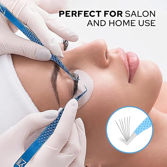 M LASH Tweezers for Eyelash Extensions (Set of 4) - Professional Lash Extension Tweezers - Fiber Tip, Japanese Steel, Diamond Grip Eyelash Extension Tweezer set (ET-GRN)