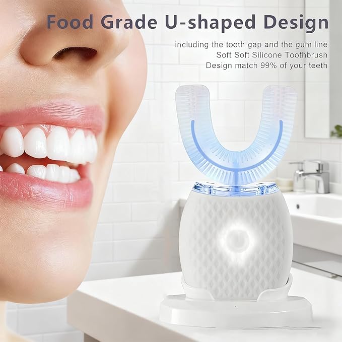 U-Shaped Toothbrush for Adults, All-in-One Foam Mousse & Ultrasonic Clean, Hands-Free with 4 Brush Heads, Blue LED Light, Advanced Charging Base (White)