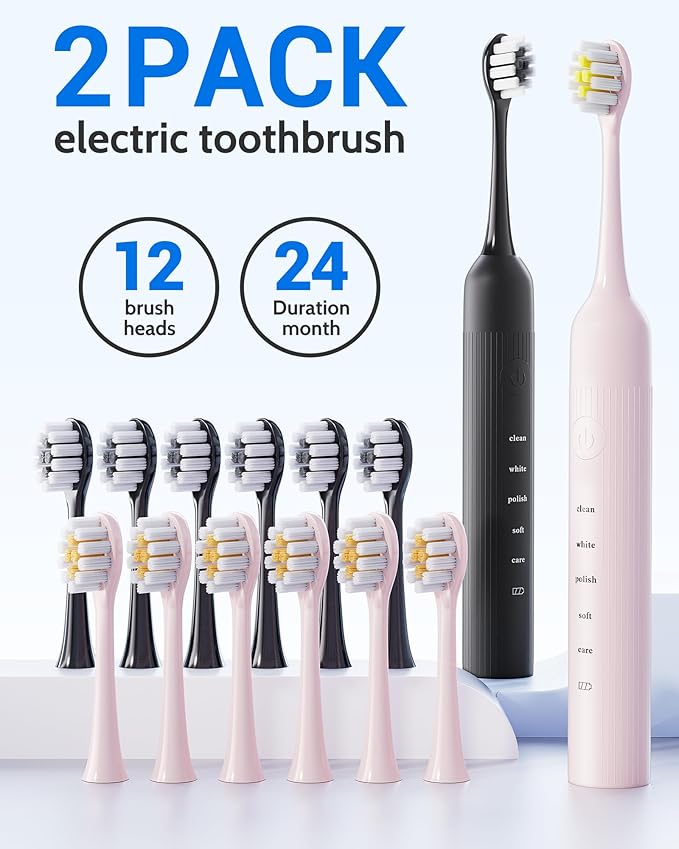 2 Pack Electric Toothbrush Set, Comes with 12 Brush Heads & 2 Electric Toothbrush,5 Modes with 2 Minutes Built in Smart Timer, One Charge for 60 Days, 38000 VPM Motor,Black and Pink.
