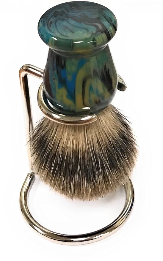 G.B.S Men's- 21mm Knot Wet Shave Brush. Colourful Modern Handle Green/Blue Hues Includes Brush Stand To Ensure Proper Storage After Lathering W/Any Shaving Cream Or Soap.