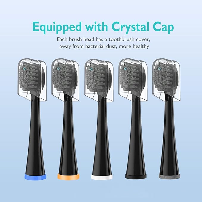 Replacement Brush Heads for Waterpick Sonic Fusion 2.0 - Flossing Toothbrush Head for Water pik with Color-Coded Rings & Hygienic Caps - 5 Pack Black Hard Bristles - Compact Size
