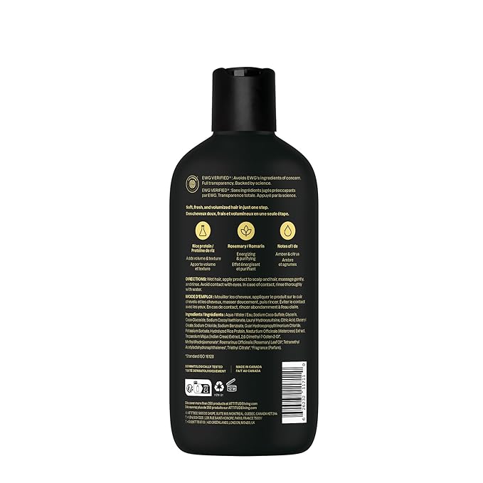 ATTITUDE Men's Shampoo and Conditioner 2-in-1, Volumizing for Thin Hair, With Rosemary and Rice Protein, 97% Natural Origin Ingredients, EWG Verified, Amber & Citrus, 14 Fl Oz