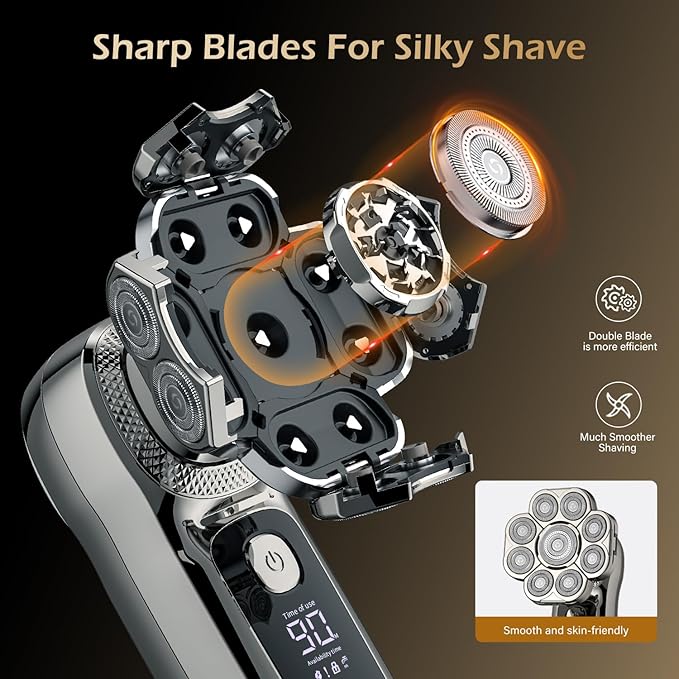 9 Floating Heads Detachable Head Shavers,6 in 1 Electric Razor IPX6 Waterproof for Bald Men, Wet Dry Mens Grooming Kit,LED Display Rechargeable 9D Rotary Shaver Grooming Kit with Type-C Charge